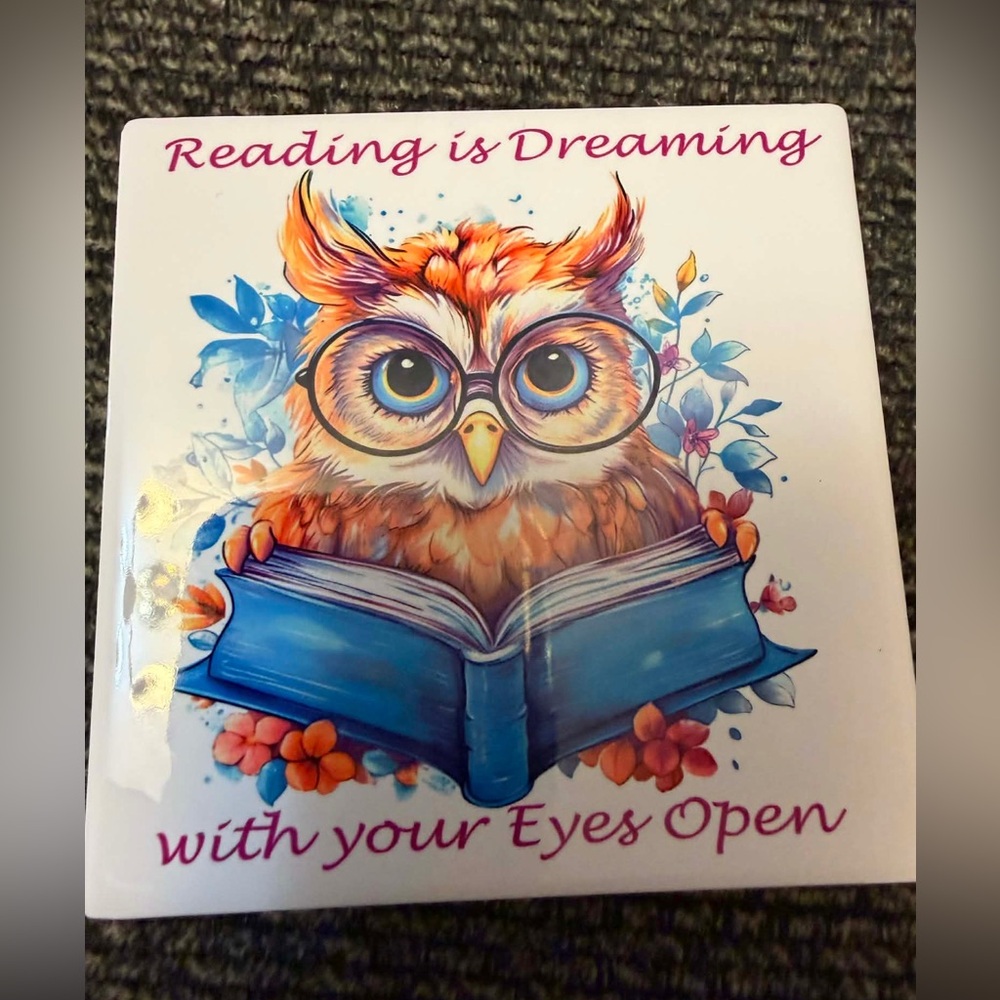 Colorful Owl Reading Art Print Coaster - Blue Book, Orange & Pink Accents